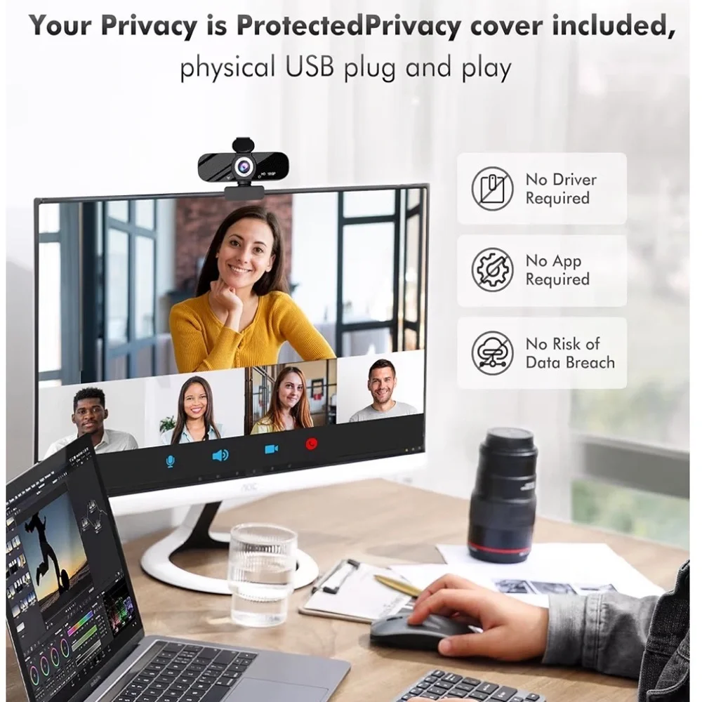 HD 1080P Black Webcam with Privacy Cover